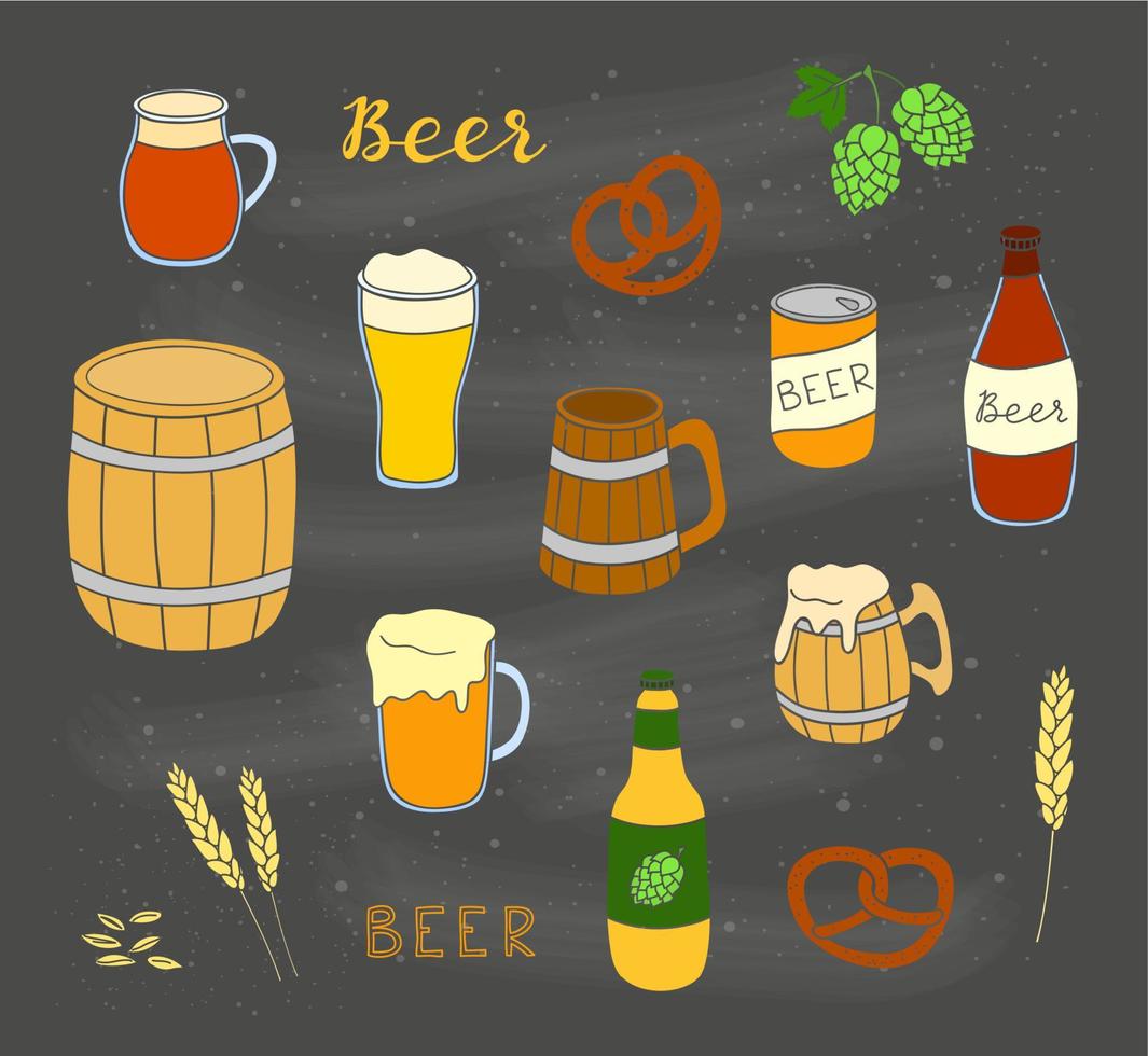 conjunto de artículos de cerveza de colores dibujados a mano. vector