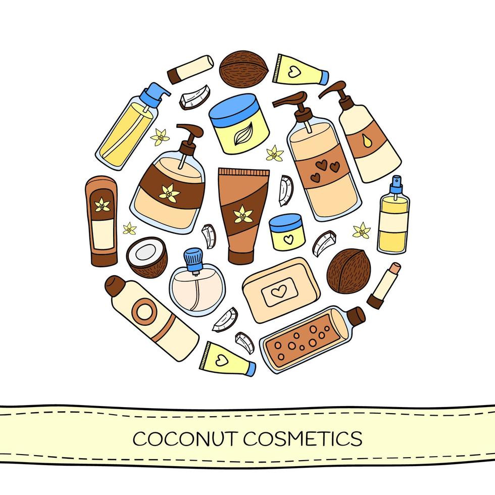 productos de belleza dibujados a mano con coco en círculo. vector