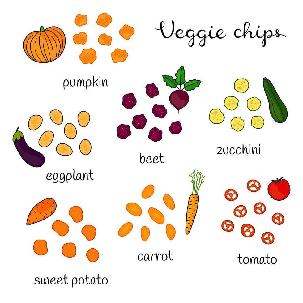 Set of doodle veggie chips. vector