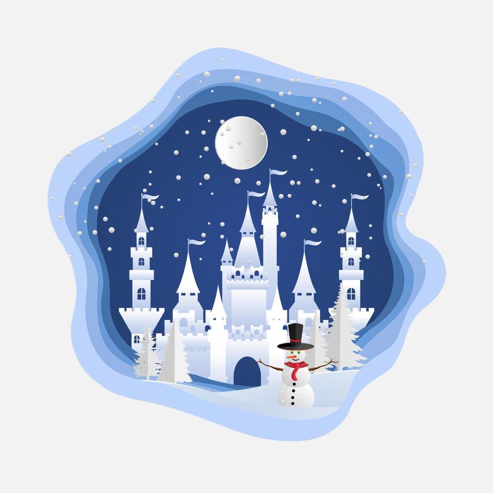 castle and snowman on a snowy hill. paper cut design vector