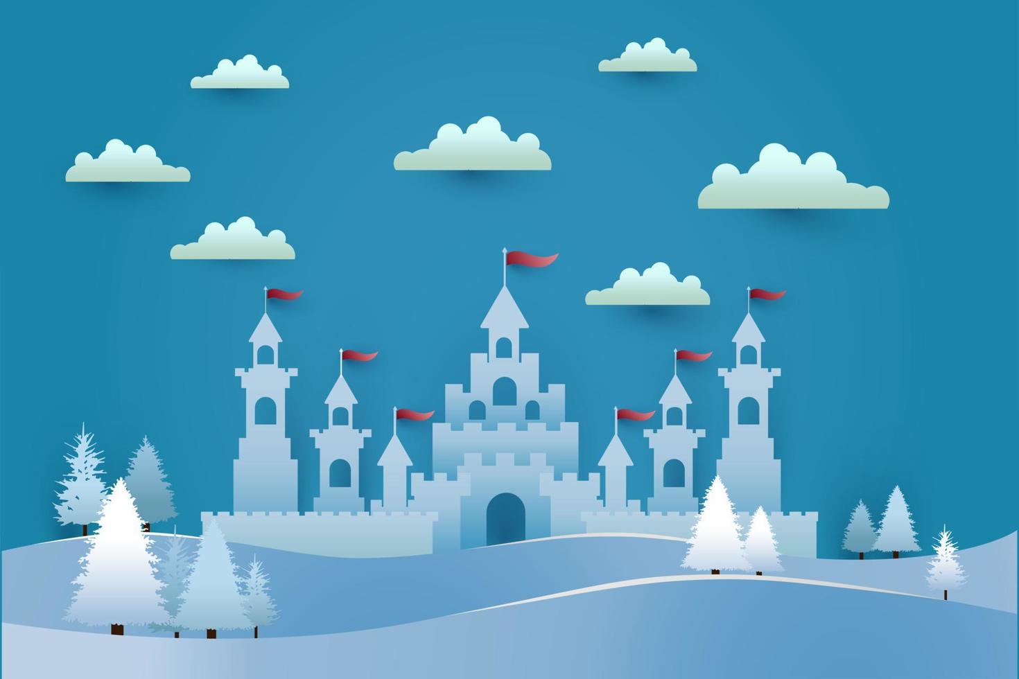 big castle on snowy hill. paper cut design vector