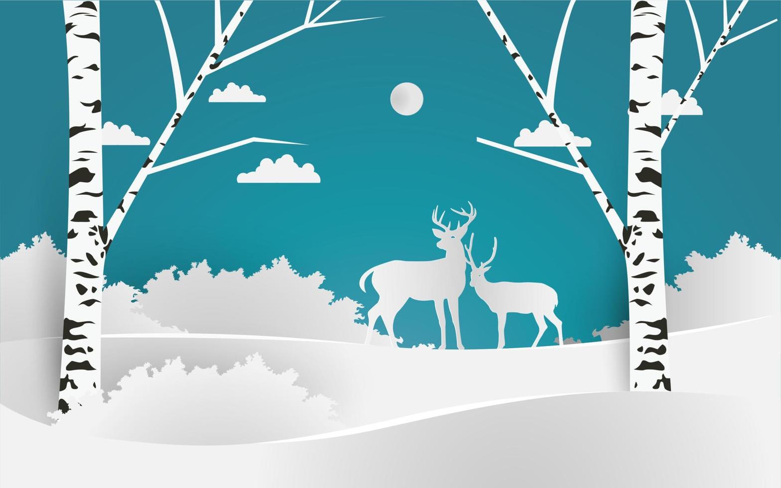 Deer in the snowy forest. paper cut design vector