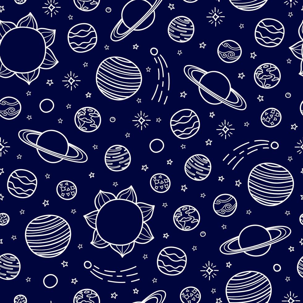 patrón sin costuras con planetas dibujados a mano. vector