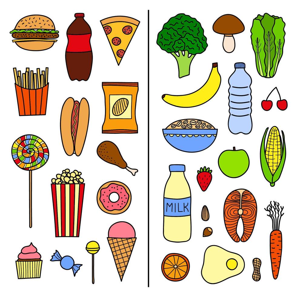 Set of healthy and unhealthy food. vector