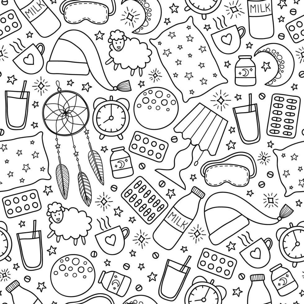 Seamless pattern with sleep and insomnia items. vector