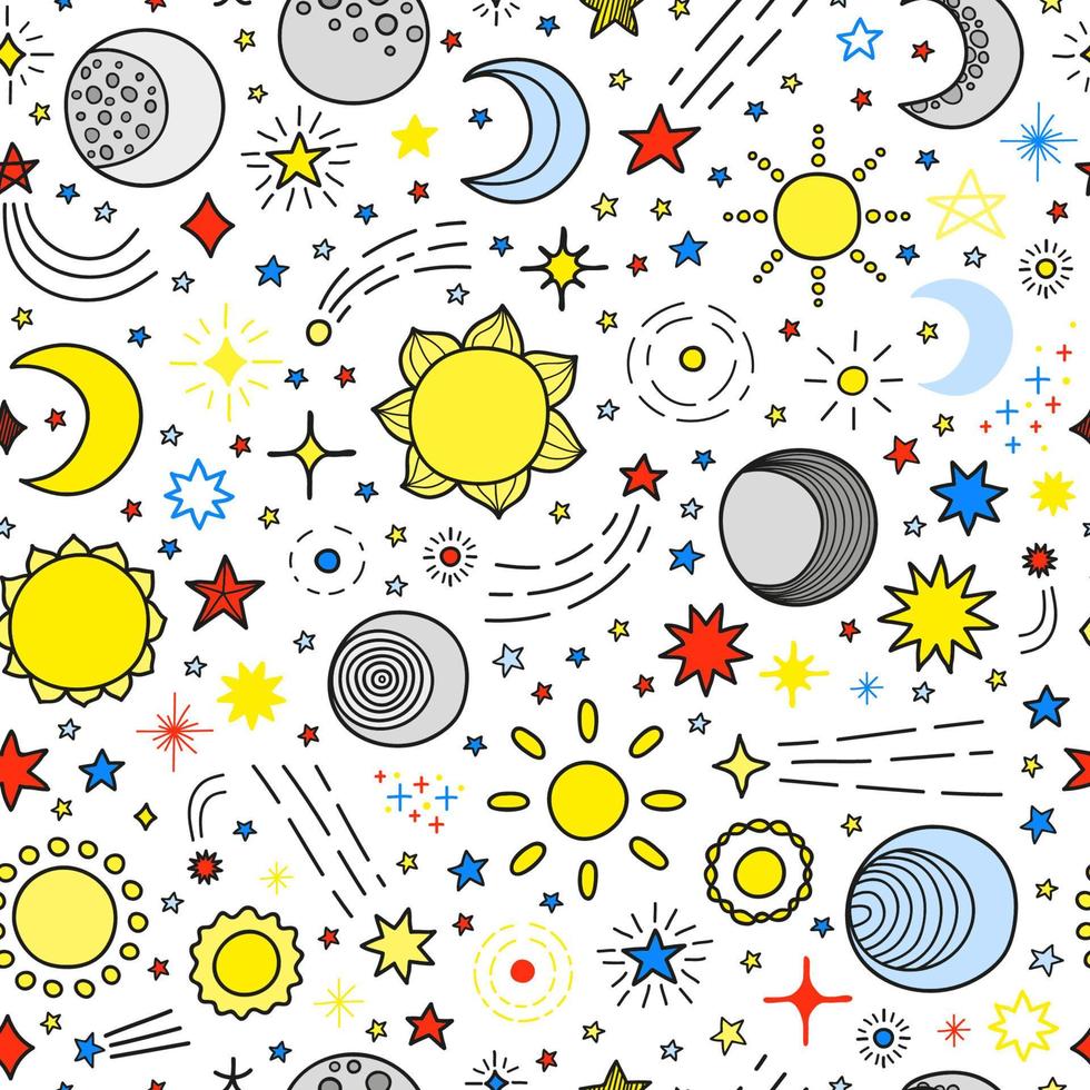 Seamless pattern with stars, sun, moon. vector