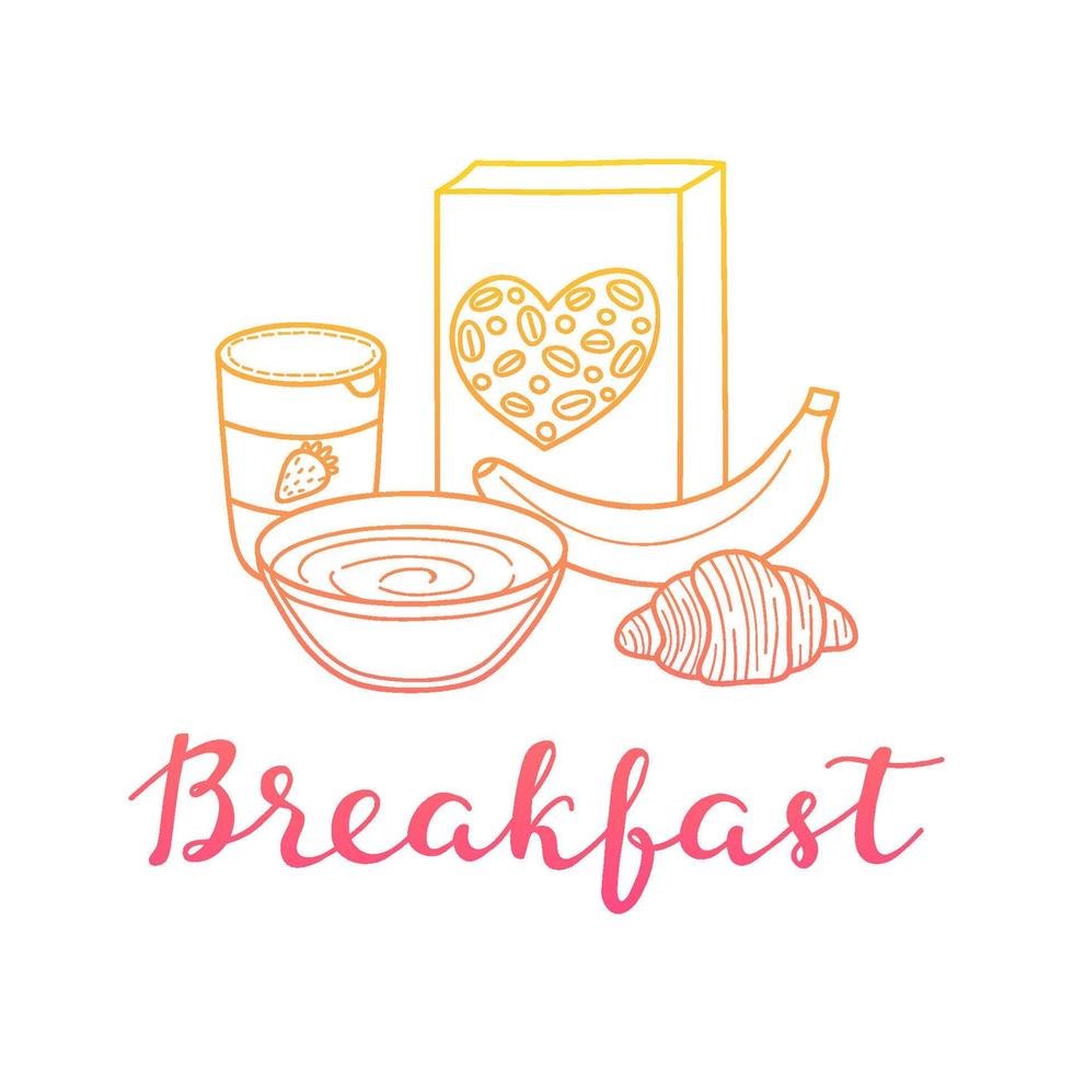 desayuno moderno con letras escritas a mano con comidas frescas. vector