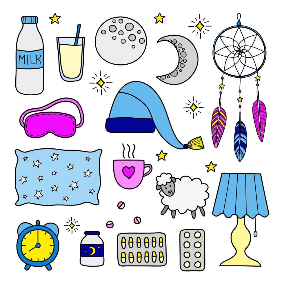 Set of sleep and insomnia items. vector