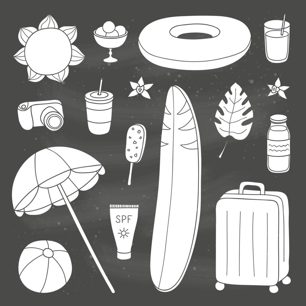 conjunto de artículos de verano y vacaciones dibujados a mano. vector