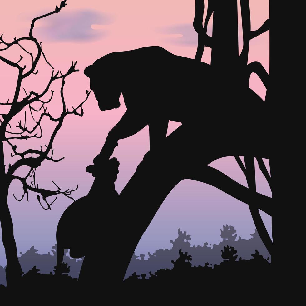 Silhouette forest landscape. Silhouette of mother lion and cub on the tree. Vector illustration