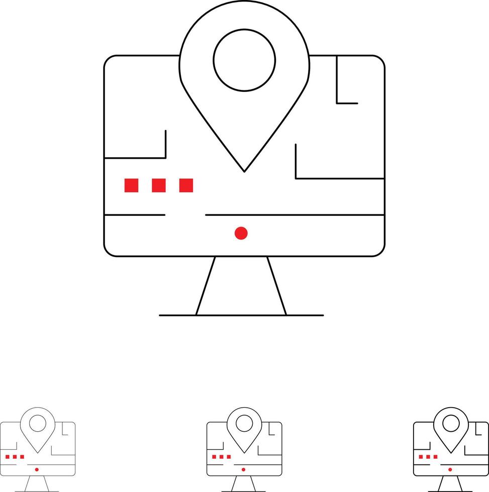 Computer Map Location Education Bold and thin black line icon set vector