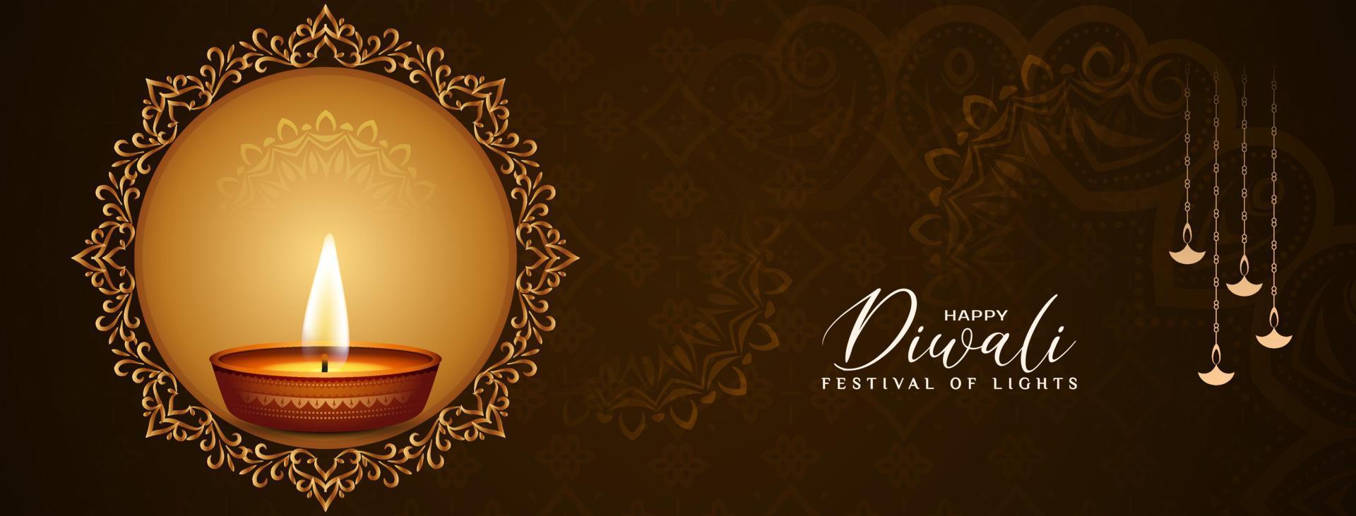 banner de celebración del festival cultural religioso feliz diwali con diya vector