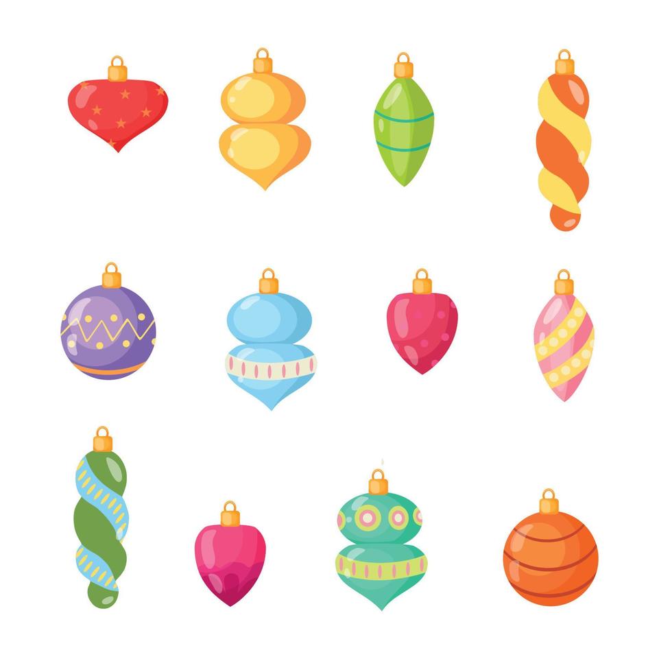 juguetes navideños y bolas de varias formas. un conjunto de iconos en estilo de dibujos animados. vector. vector