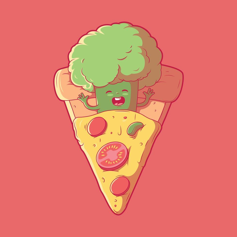Broccoli character sleeping in a slice of pizza vector illustration. Food, funny design concept.