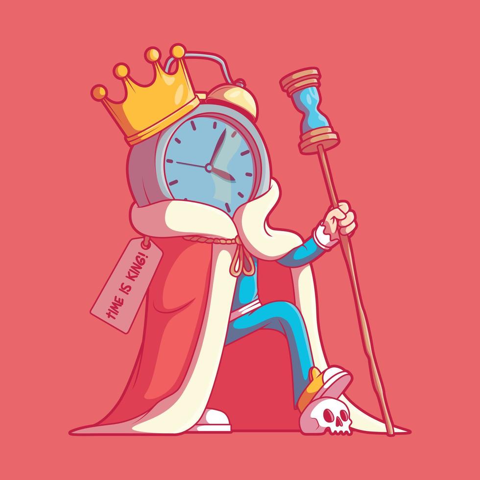 personaje de reloj rey en una ilustración de vector de pose fresca. motivación, tiempo, concepto de diseño de inspiración.