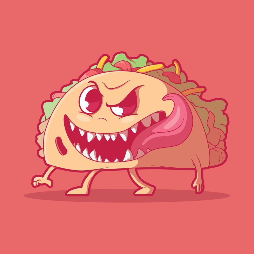 Cute Taco Monster vector illustration. Food, funny, mascot design concept.