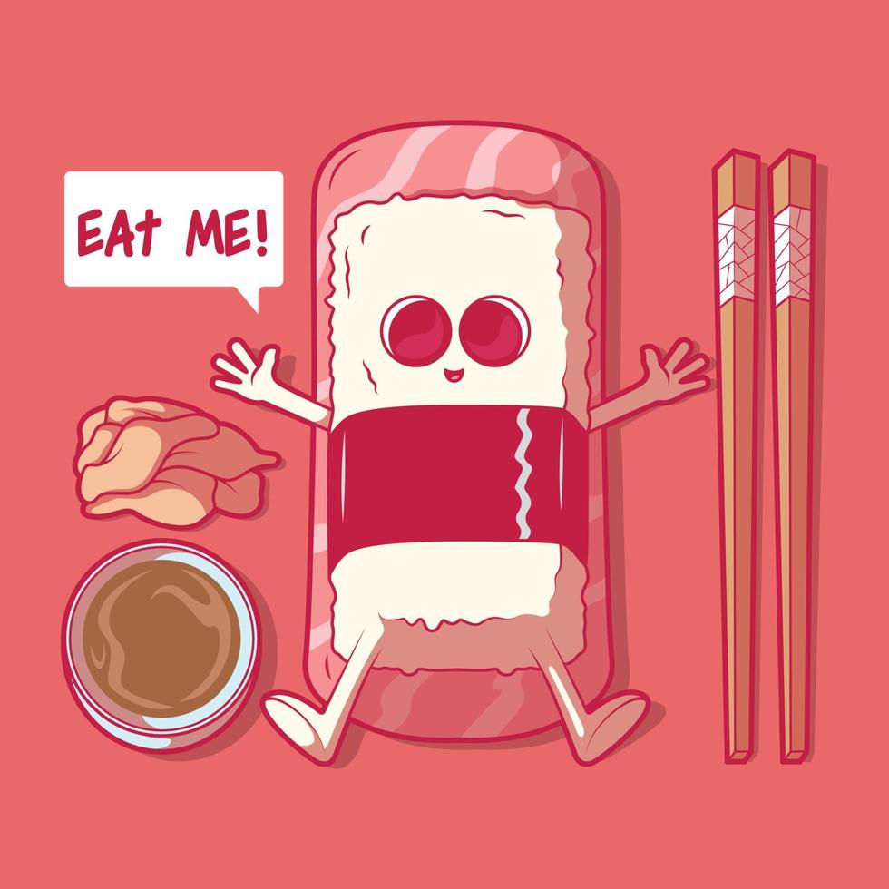Ilustración de vector de personaje de sushi divertido. comida, marca, concepto de diseño divertido.