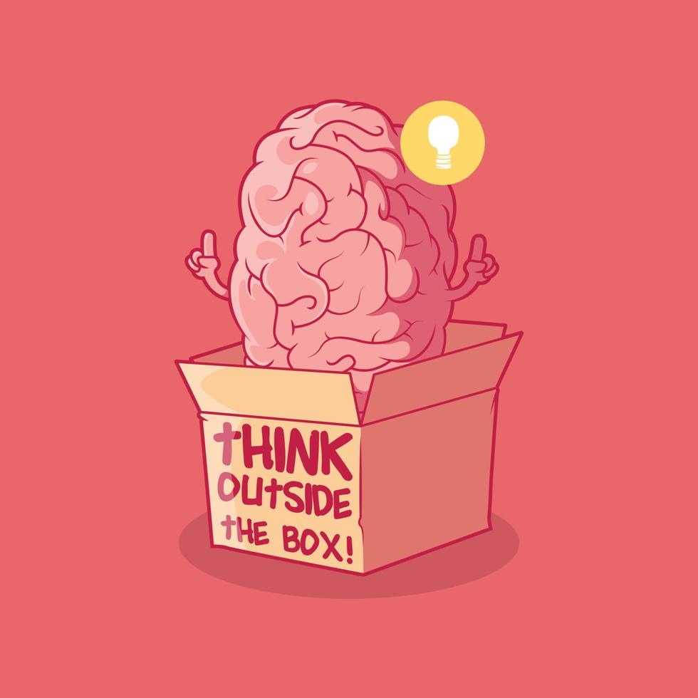 Brain character outside the box vector illustration. Intelligence, creativity, funny design concept.