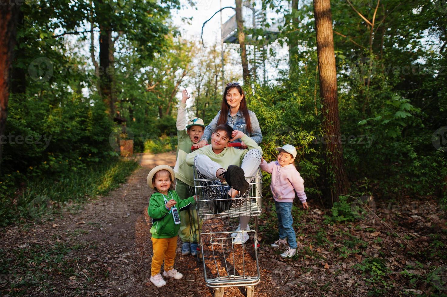 Mother and kids with trolley having fun in forest. photo