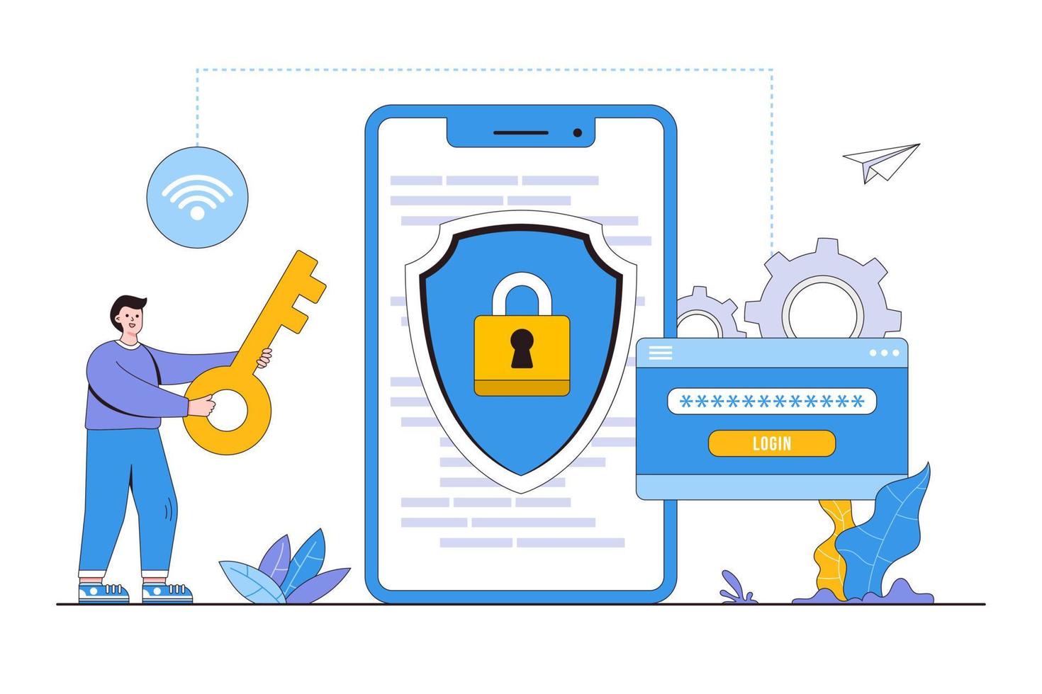 sistema de seguridad de configuración de desarrollador plano para proteger la cuenta de datos y la contraseña de clave de usuario para iniciar sesión en el concepto de aplicación de teléfono móvil. ilustración de vector mínimo de estilo de diseño de esquema