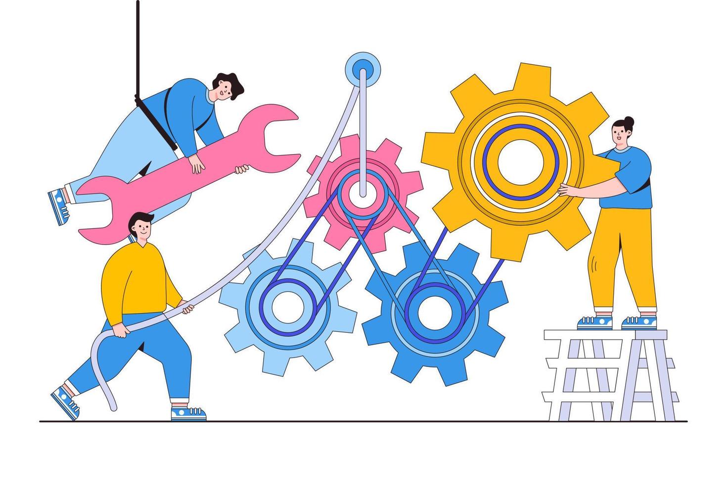 Flat business process and team working with cogs and gear wheel concept. Outline design style minimal vector illustration