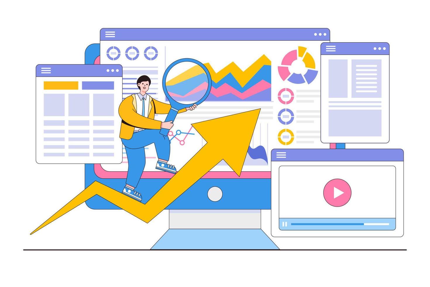 Flat businessman analysing marketing data, monitoring and planning concept. Outline design style minimal vector illustration