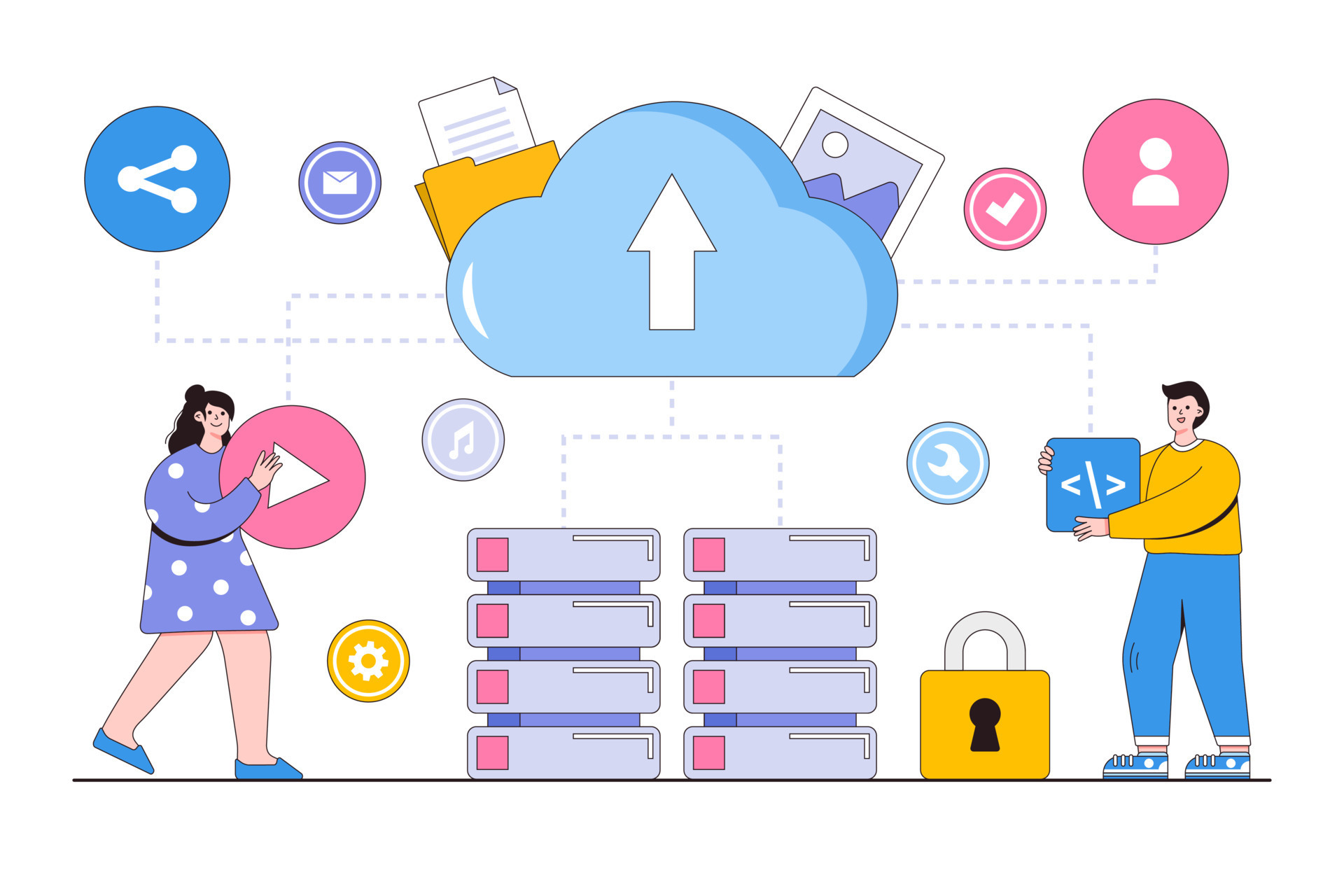 Flat business technology file upload on cloud server storage concept