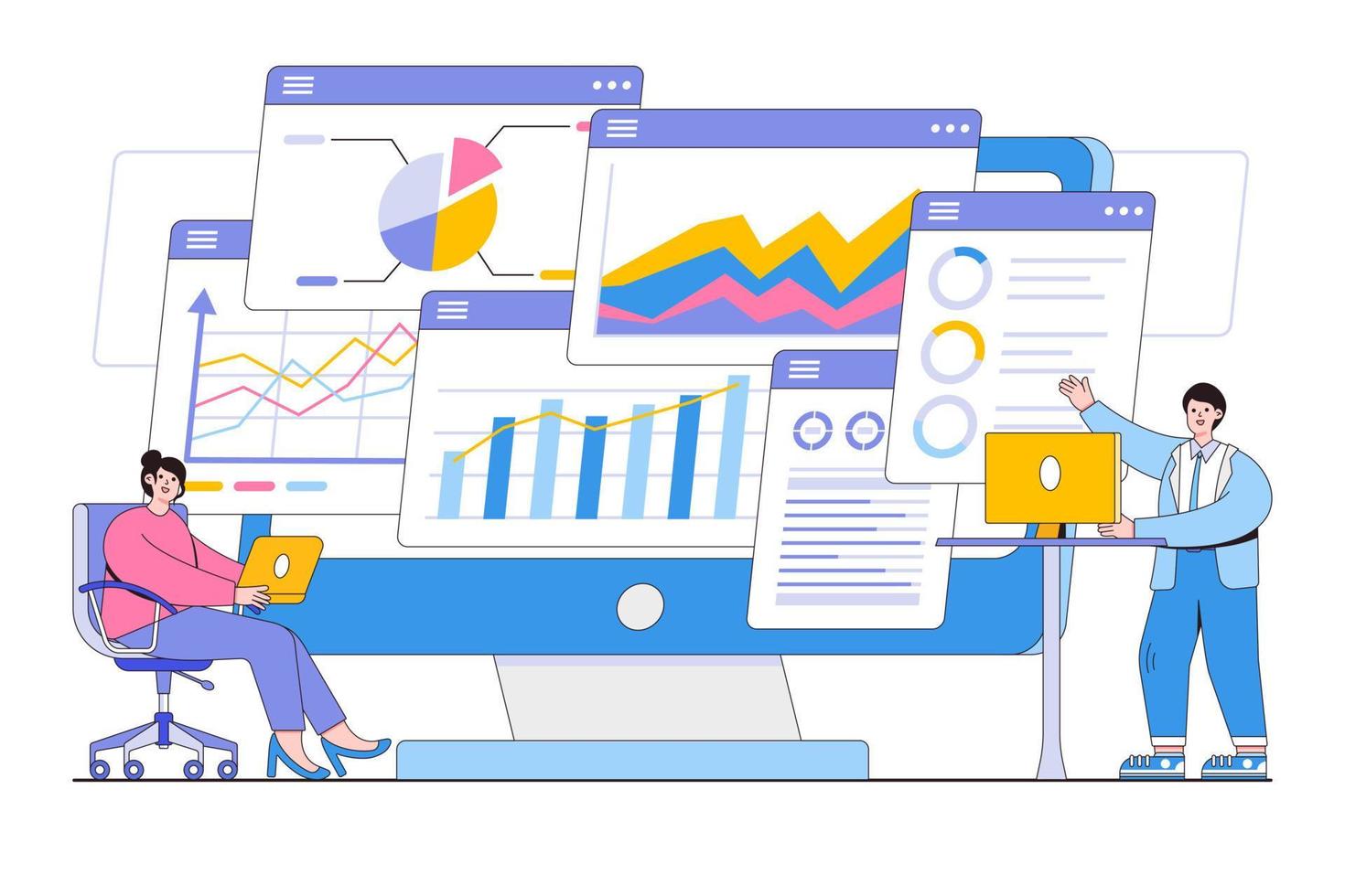 Flat business people analysts working with data on dashboard, studying research strategy concept. Outline design style minimal vector illustration