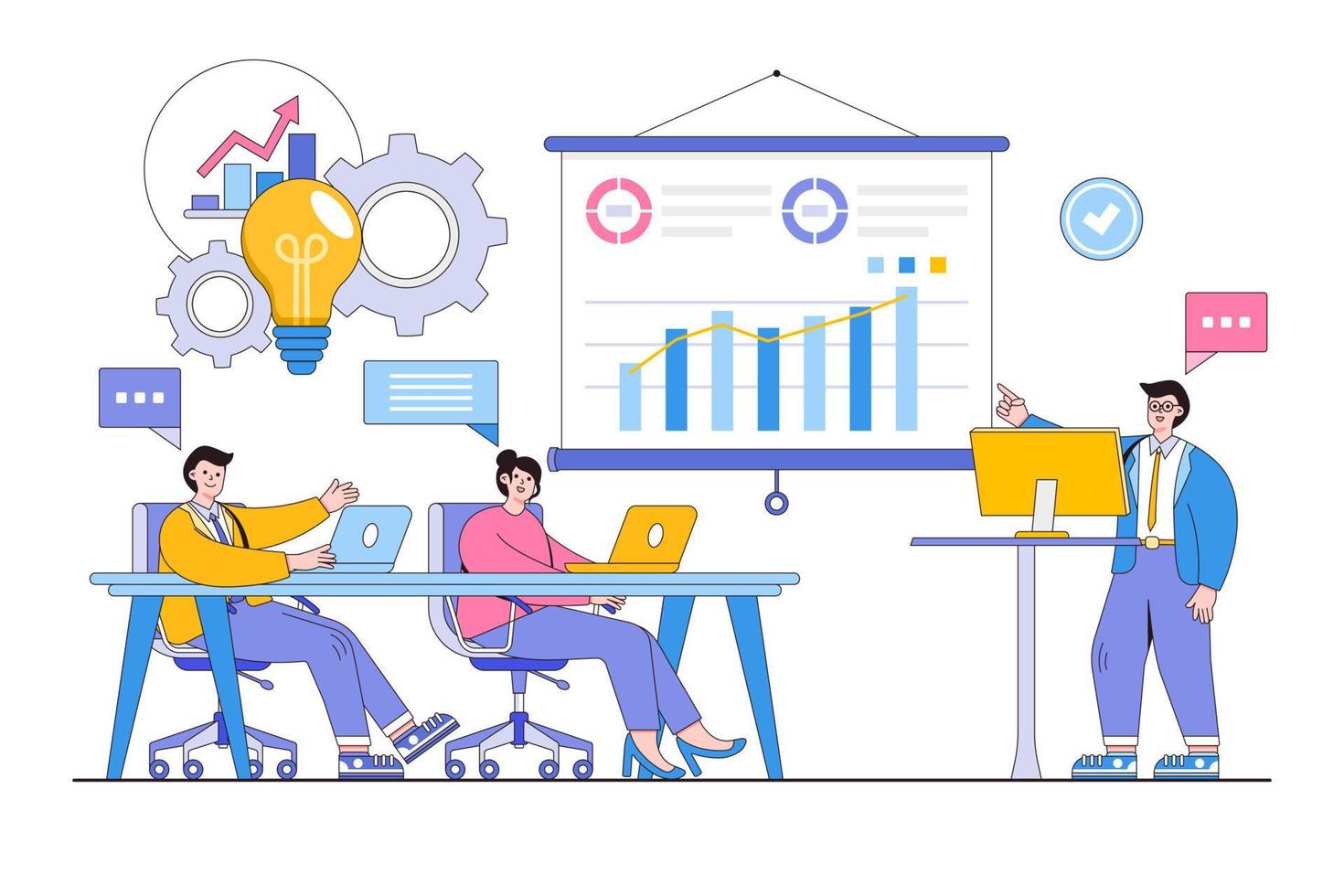 Flat business team meeting and training collaboration with presentation infographic data on projector screen dashboard concept. Outline design style minimal vector illustration