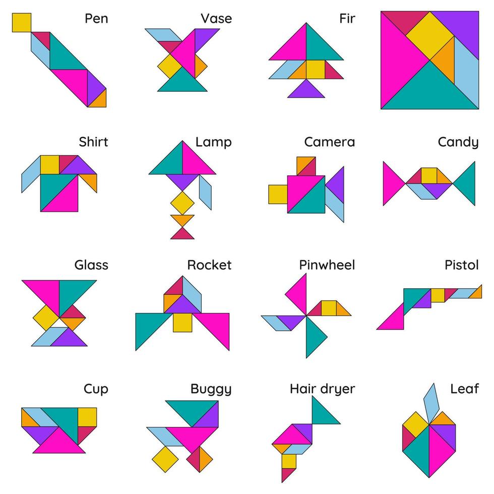 Tangram puzzle. Set of tangram objects. Jigsaw for kids. Vector set. Vector illustration