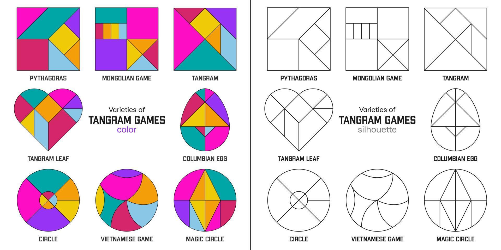 Set of most popular varieties of the Tangram puzzle game. Color and silhouette. Tangram, Pythagoras, Circle, Magic Circle, Columbian Egg, Tangram Leaf, Vietnamese Game and Mongolian game vector