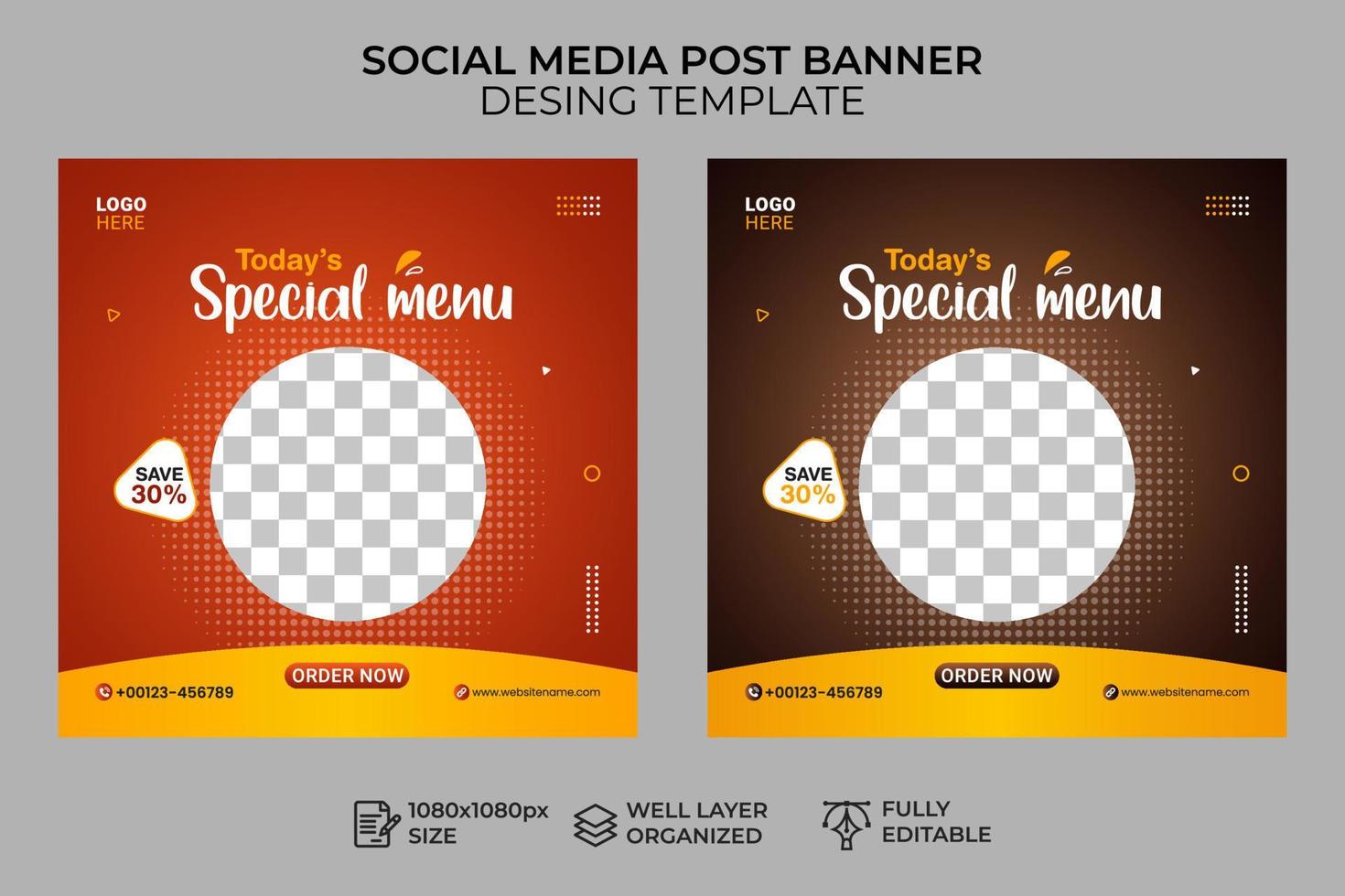 food menu social media post banner template, sale and discount square banner vector