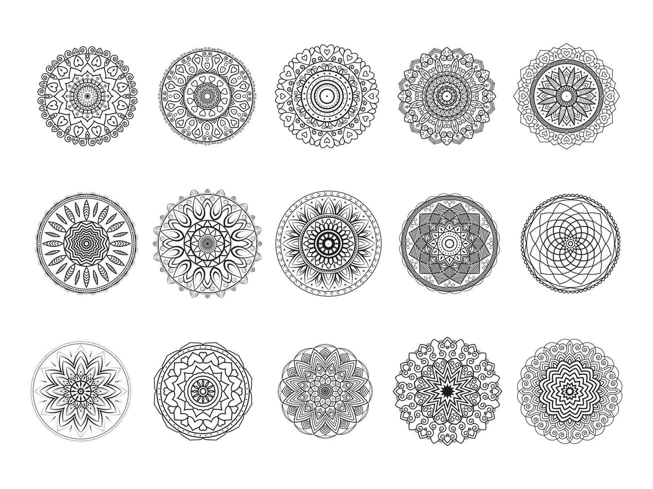 Diseño circular de 15 mandalas para henna, mehndi, tatuaje, decoración. ornamento decorativo en estilo étnico oriental. paquete de páginas de libros para colorear vector