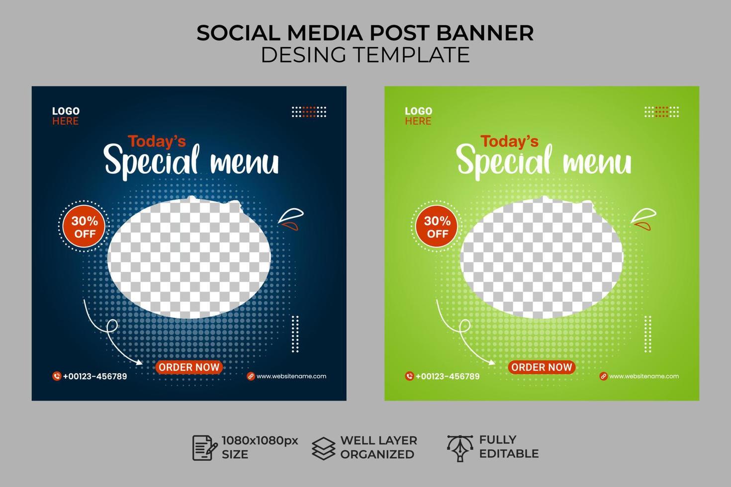 plantilla de banner de publicación de redes sociales de menú de alimentos, banner cuadrado de venta y descuento vector