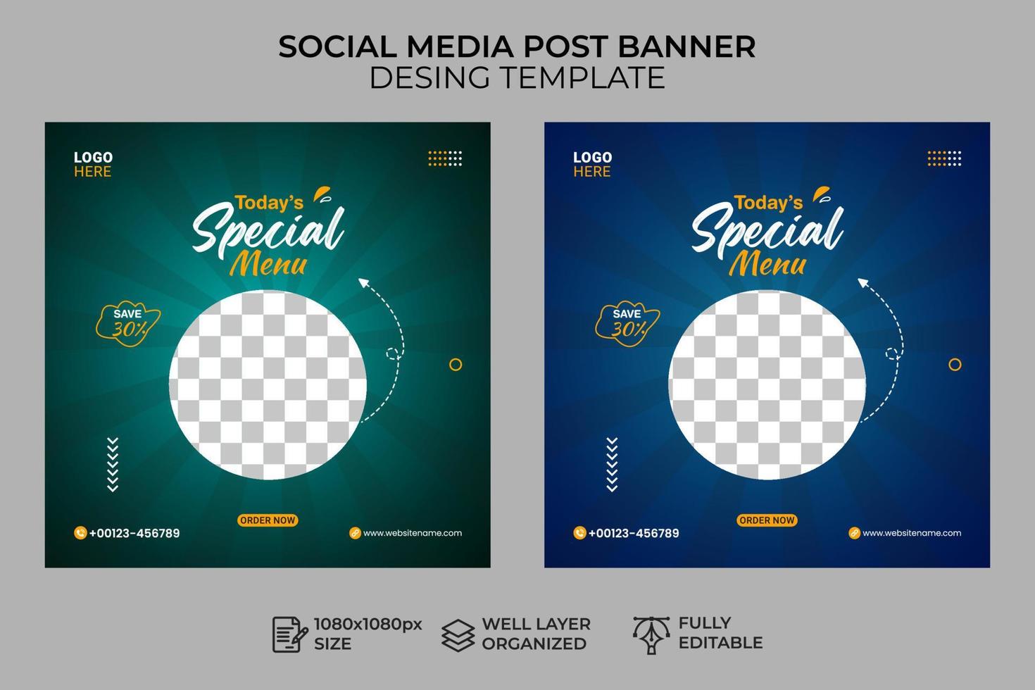 food menu social media post banner template, sale and discount square banner vector