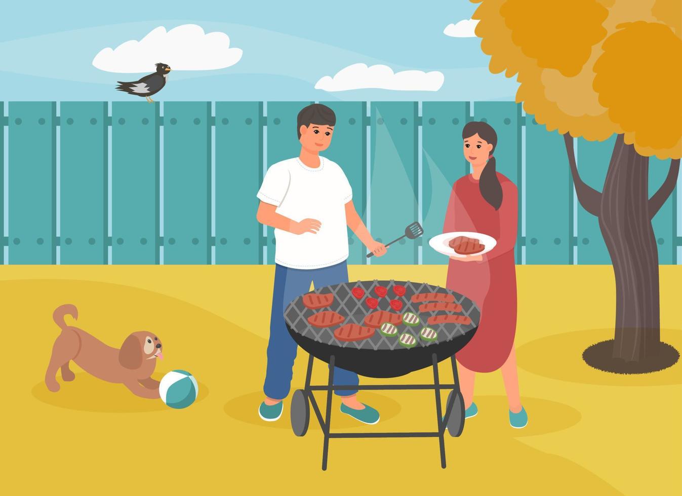 Autumn barbeque party. Backyard of the house. Cute couple preparing food on girl. BBQ time. Sunny autumn day. Vector illustration.