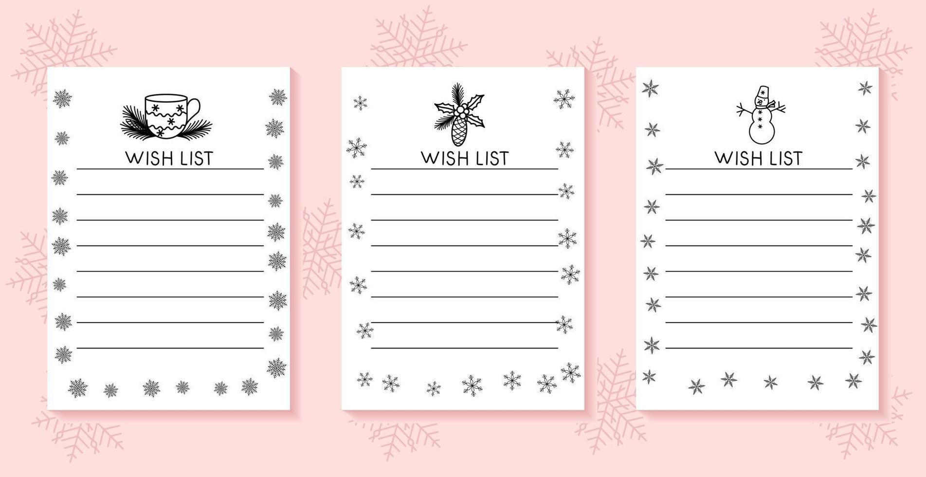 Christmas wish list templates set. Hand drawn elements. Collection of cards with desired gifts. Festive vector illustration.