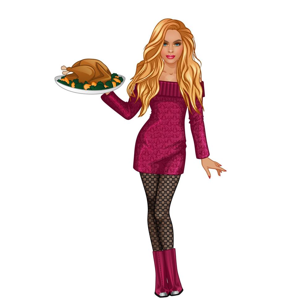 personaje femenino de la cena de pavo de acción de gracias con un lindo atuendo. ilustración vectorial vector