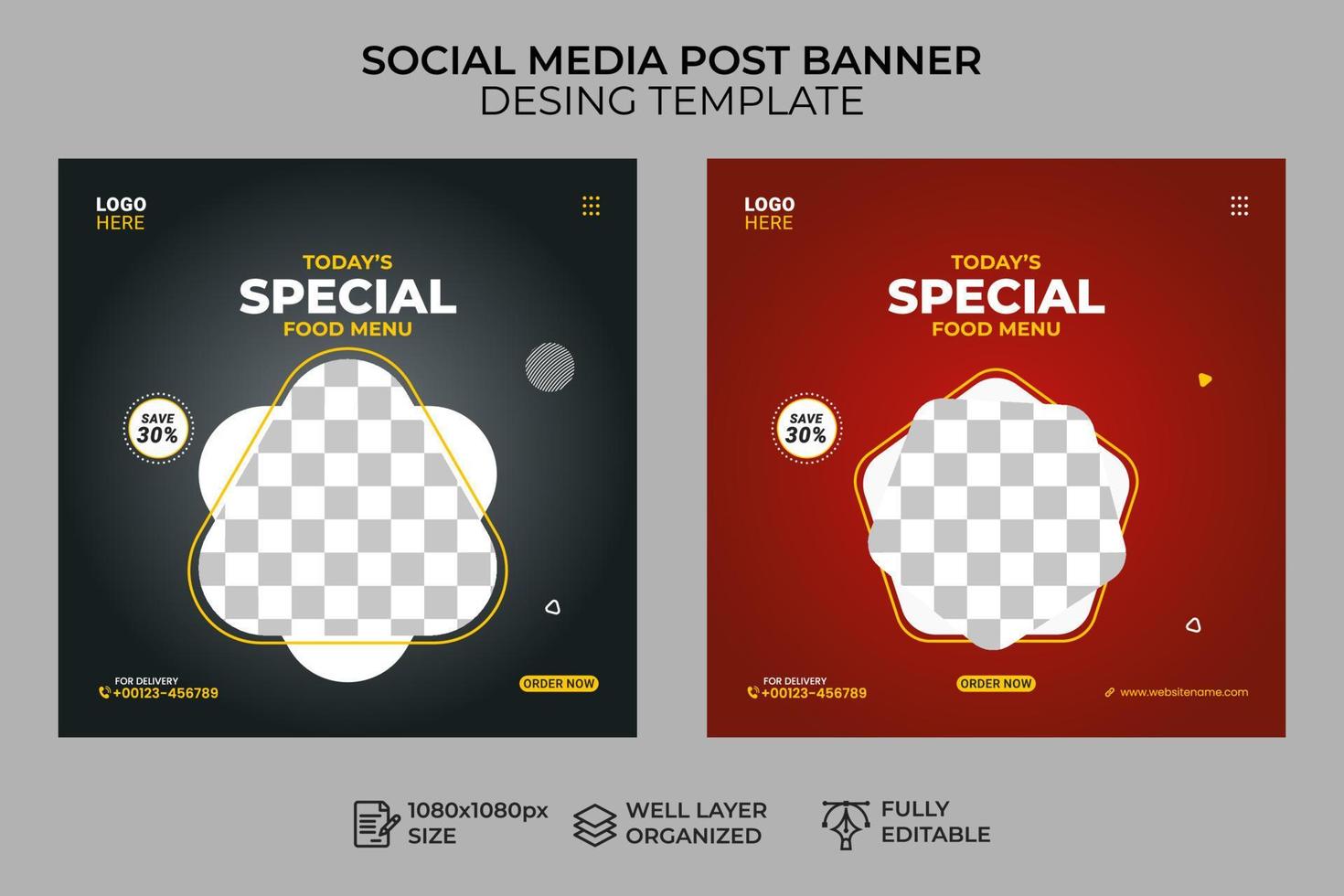 food menu social media post banner template, sale and discount square banner vector