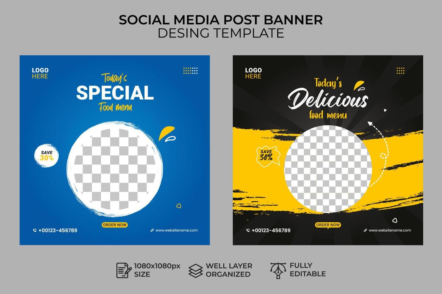 food menu social media post banner template, sale and discount square banner vector