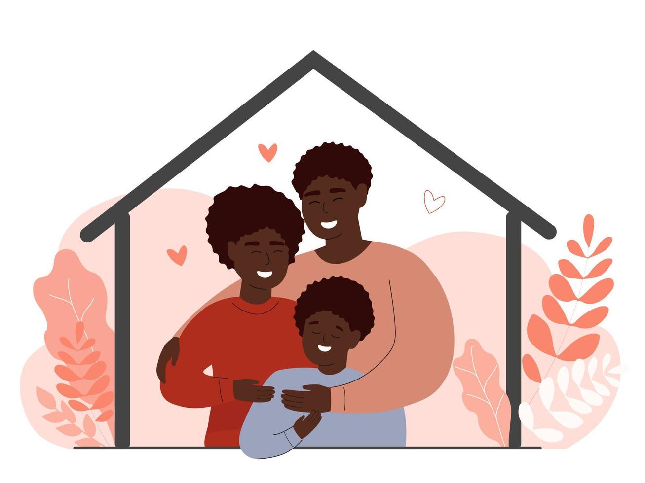 African family stays at home. Happy mother, father, daughter together inside. The concept of protection from the epidemic, poor conditions on the street, support for each other. Vector graphics.