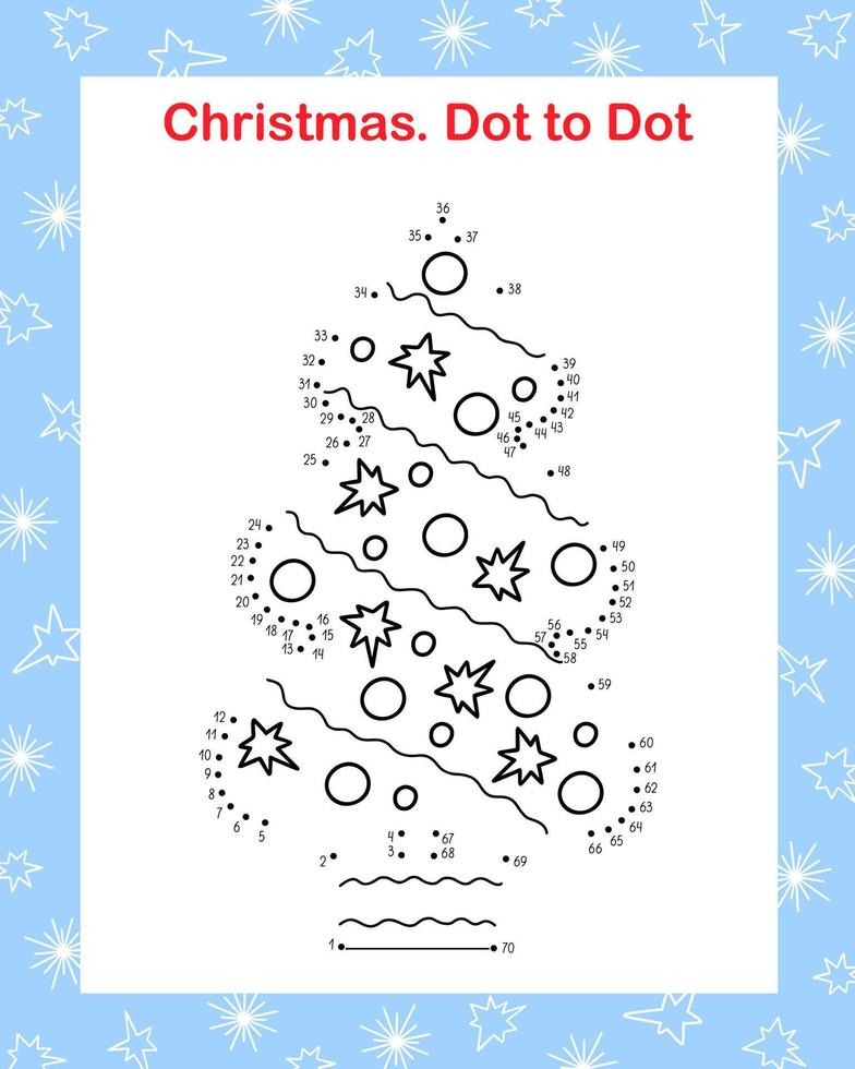 Decorated Christmas fir-tree dot to dot educational game or leisure worksheet, outline doodle vector illustration, winter holidays seasonal activity, New Year celebration fun for kids, number learning