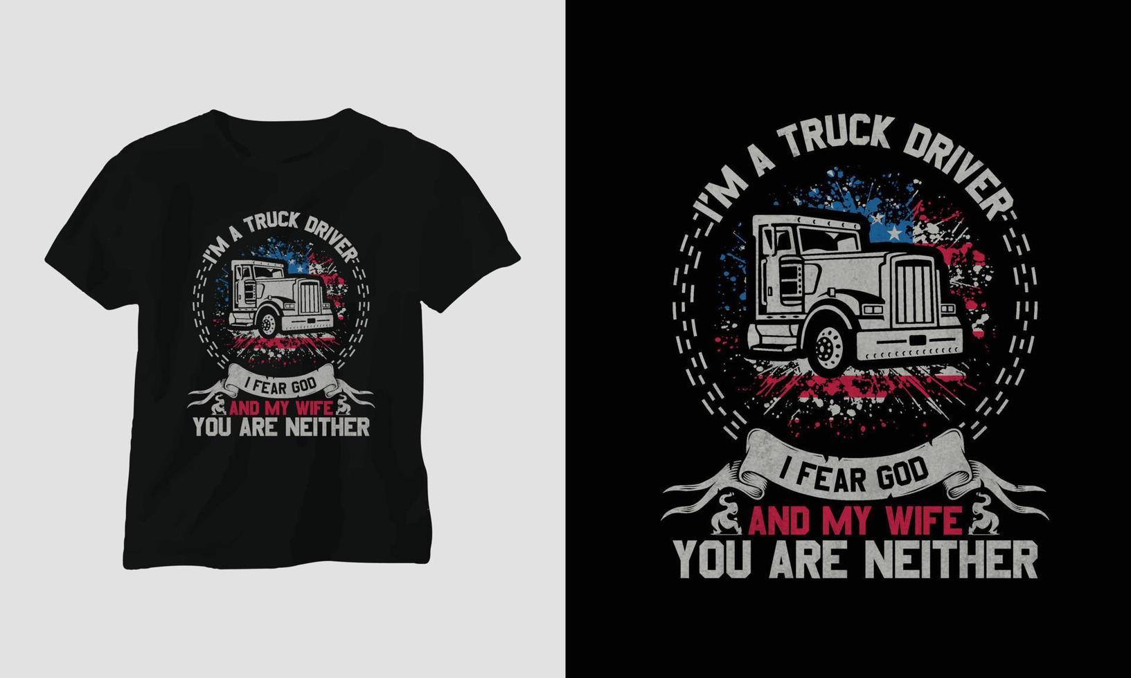 diseño de camiseta de conductor de camión estilo vintage con camión y bandera vector