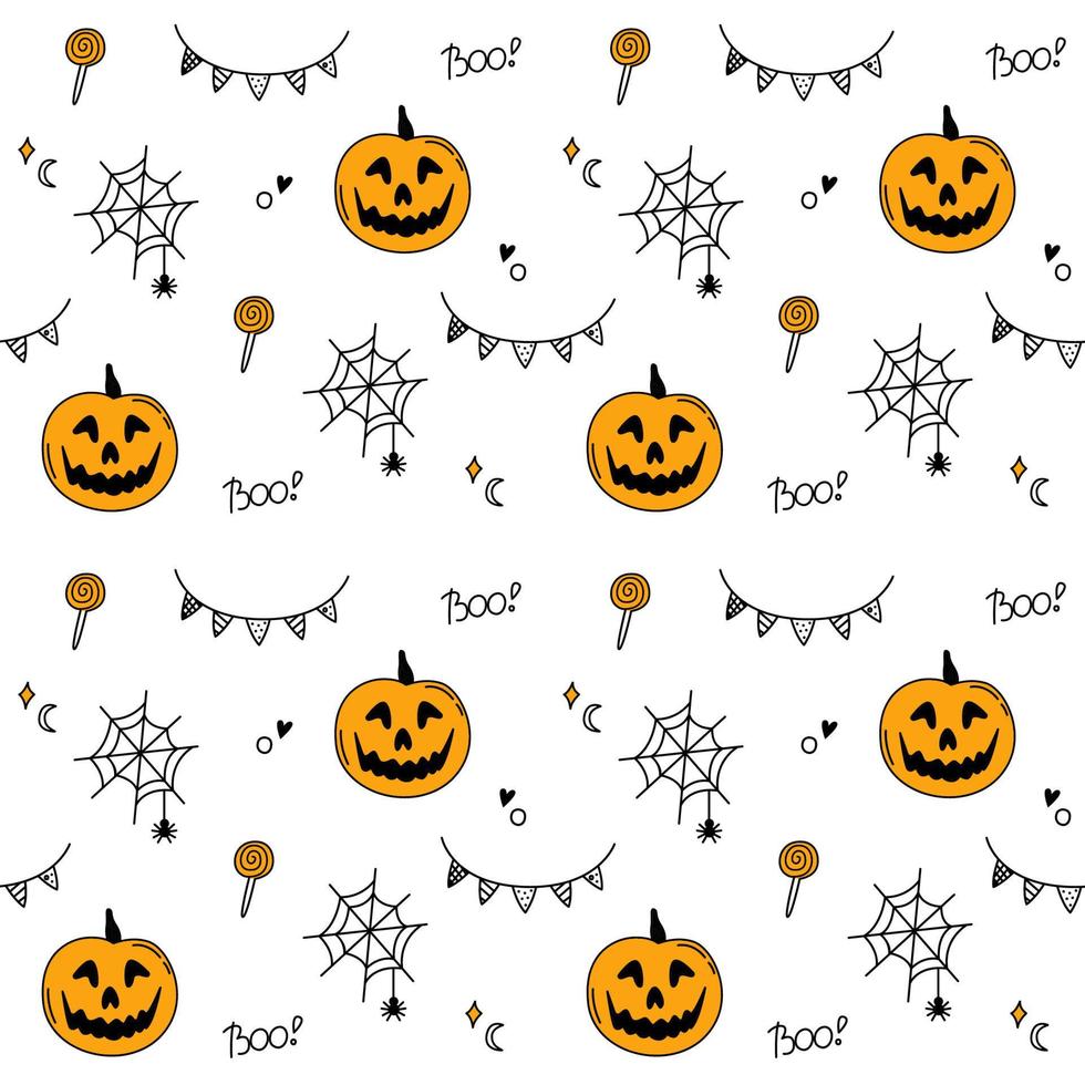 Halloween cartoon pattern doodle. Pumpkin, sweets, web, spider, garland. Cartoon elements isolated on white background. Endless, seamless pattern. Hand drawn outline vector illustration.