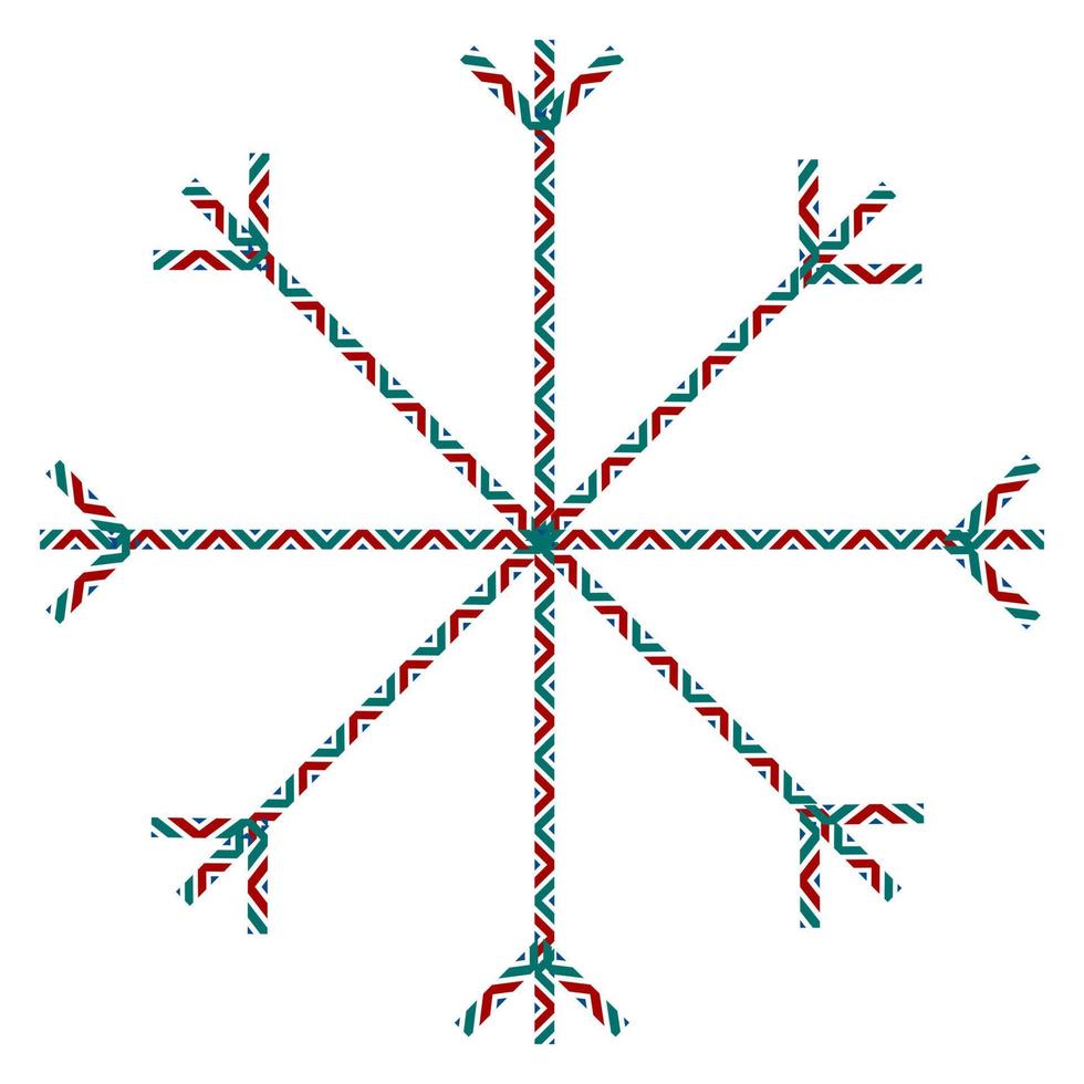 Abstract ornamental snowflake draw by patterned lines in trendy Christmas RGB colors. Icon. Isolate vector