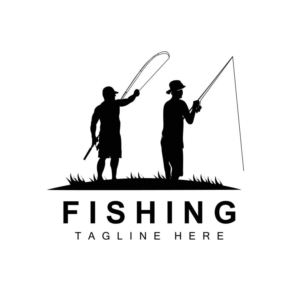 fishing logo icon vector, catch fish on the boat, outdoor sunset silhouette design vector