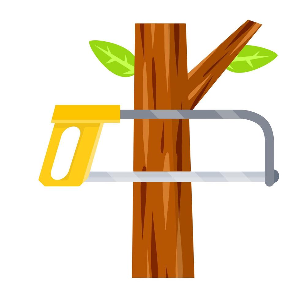 Saw cut tree branch. Tool of lumberjack. Care of forest. Woodcutter operation. Harvesting of logs. Rural object. Flat cartoon illustration vector