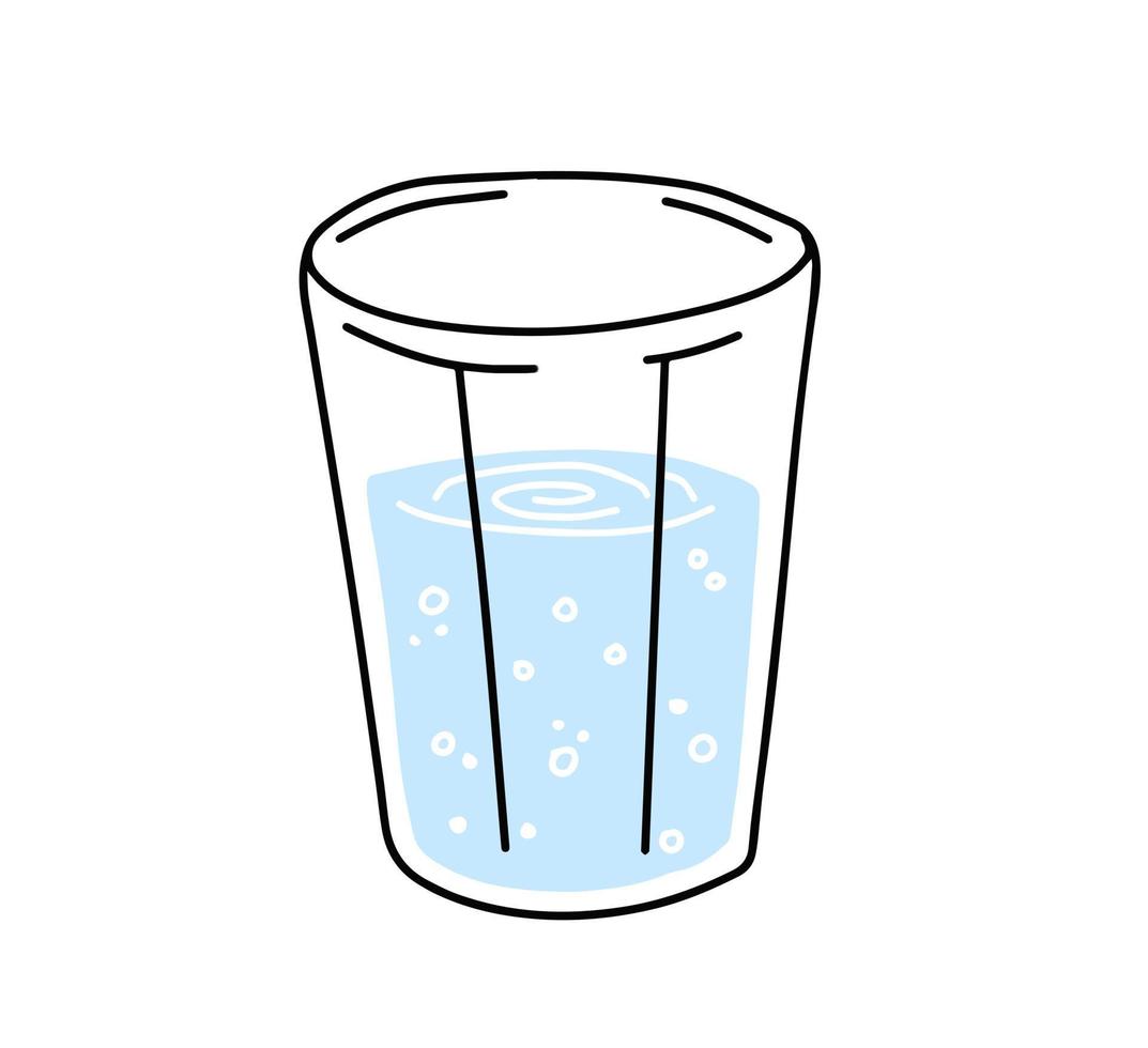 Glass of water. Refreshing drink. Doodle outline cartoon. Trendy modern illustration. Blue liquid cup vector