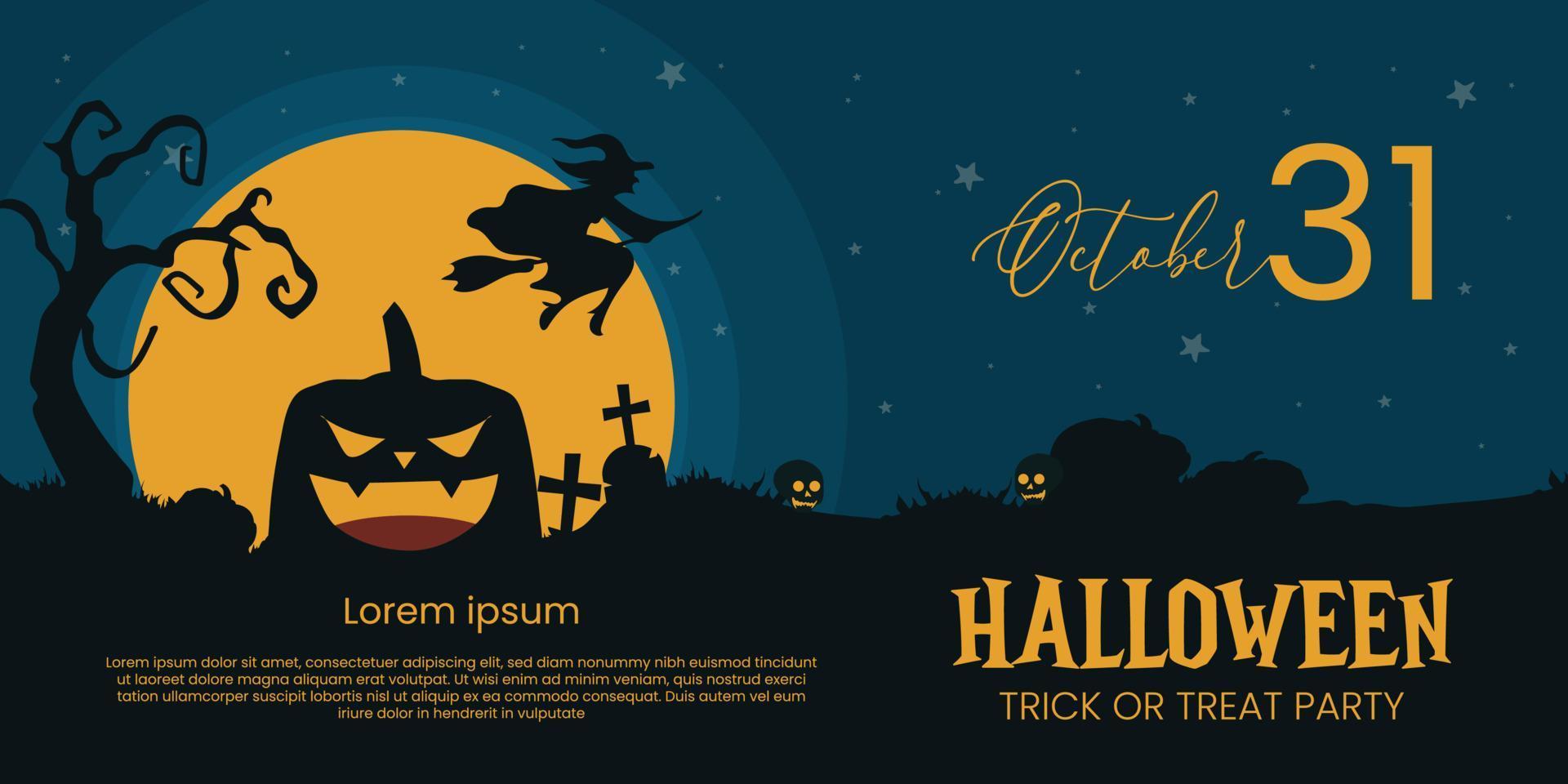 banner de feliz halloween para el fondo con bruja, ramas de árboles, calabaza, cementerio, cráneo en sombras nocturnas vector