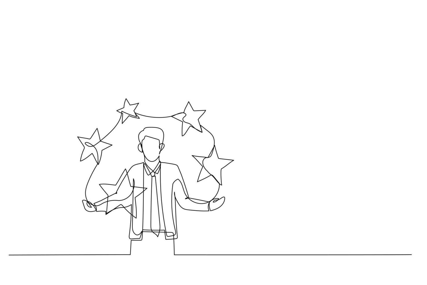 Illustration of five stars performance scoreby businessman. Metaphor for feedback and comments. Single continuous line art style vector